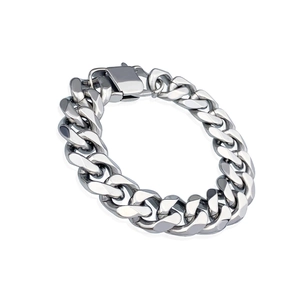 Polished silver stainless steel Cuban link chain necklace with secure box clasp detail
