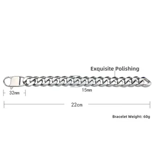 Detail view of 15mm men's silver stainless steel Cuban chain with lobster clasp and measurements