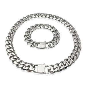 Polished silver stainless steel Cuban link chain necklace and bracelet jewelry set