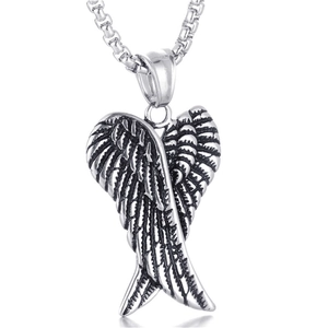 Vintage silver angel wings pendant necklace with detailed feathers and box chain for couples