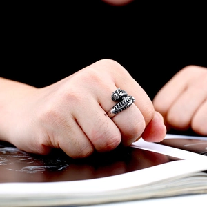 Silver punk style double tiger head skeleton ring with open design for men