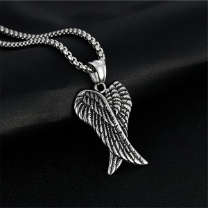 Vintage oxidized stainless steel angel wings pendant necklace for couples on black leather
