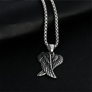 Vintage oxidized stainless steel angel wing pendant necklace with a detailed box chain