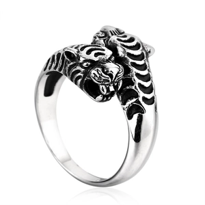 Vintage Punk Double Tiger Head Ring Antique Silver Alloy Adjustable Open Band Animal Zodiac Dominant Jewelry For Men Women