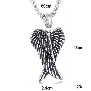 Vintage stainless steel angel wing pendant necklace with retro oxidized finish details