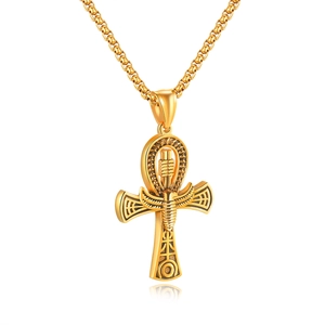 Golden Ankh cross necklace with Egyptian symbols on box chain for hip hop styling