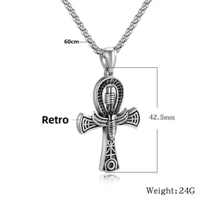 Silver Ankh cross pendant with size markings 42.5mm and 60cm chain length detail