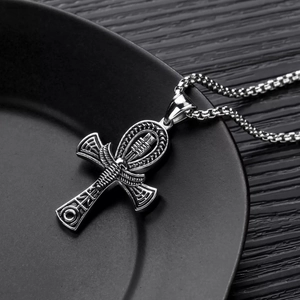 Vintage silver Ankh cross pendant necklace with hip hop style and detailed relief carvings