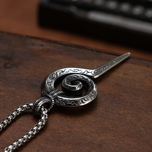 Vintage punk silver stainless steel serpent scepter necklace for men with box chain