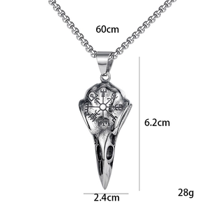 Collana vichinga con teschio di uccello in acciaio inox e ciondolo a testa di corvo vegvisir