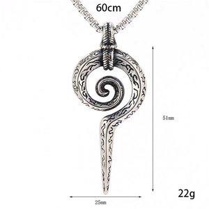 Vintage stainless steel snake scepter pendant with tribal carvings on 60cm chain
