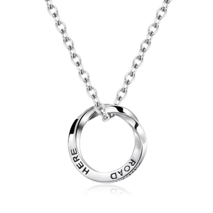 Silver Mobius ring necklace for men with engraved letters on a polished curb chain