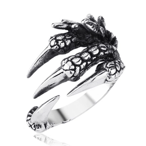 Anillo abierto de garra de dragón plateado vintage con textura de escamas para hombre