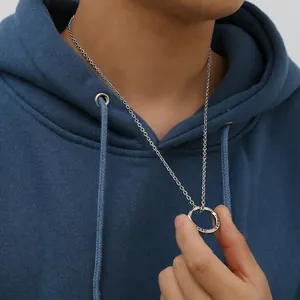 Men's Mobius ring necklace with engraved inspirational text on silver circle pendant