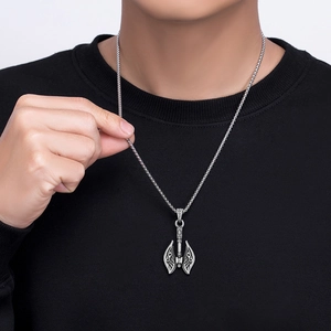 Vintage Gothic Viking axe necklace in titanium steel for men with ornate engravings