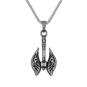 Viking Double Headed Axe Pendant Necklace Stainless Steel Chain Alloy Antique Finish Gothic Punk Hip Hop Men Jewelry