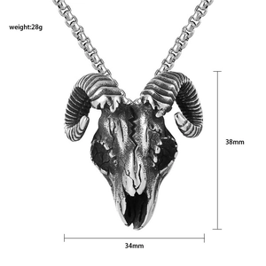 Retro Satanic ram skull pendant necklace in silver stainless steel with 38mm height