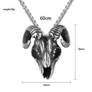 Gothic punk ram head skull pendant necklace in antique silver stainless steel for men