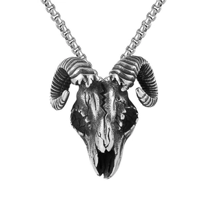 Retro stainless steel ram skull pendant with box chain, gothic goat head necklace for men