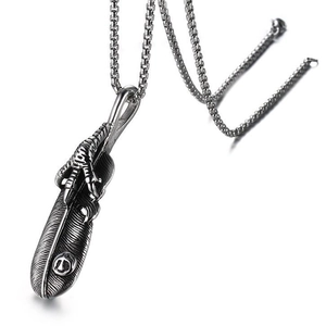 Vintage stainless steel feather and eagle claw pendant necklace for men with box chain