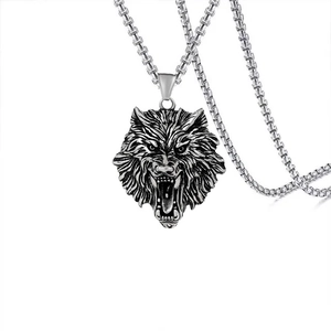 Retro Wolf Head Pendant Necklace For Men Stainless Steel Hip Hop Punk Gothic Viking Style Jewelry With 60cm Box Chain Gift