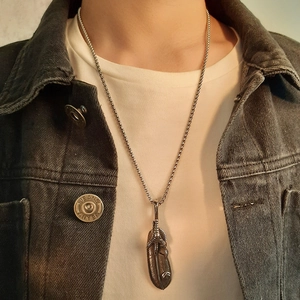 Vintage stainless steel feather and eagle claw pendant necklace on silver chain for men