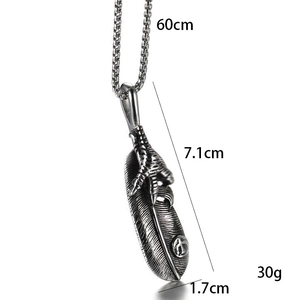 Retro stainless steel feather and eagle claw necklace with vintage silver finish