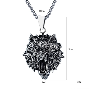 Vintage wolf head pendant necklace for men in stainless steel with 60cm chain length