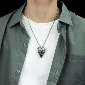 Hip hop style retro devil mask pendant necklace in vintage silver steel for men