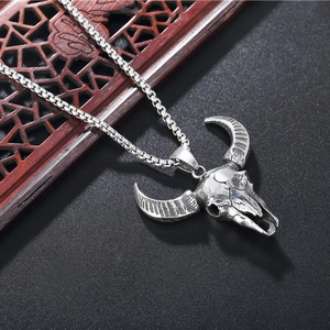 Vintage stainless steel bull skull devil pendant necklace with ox horns on a box chain