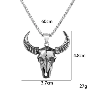 Collier vintage en acier inoxydable avec pendentif tête de mort de taureau démon