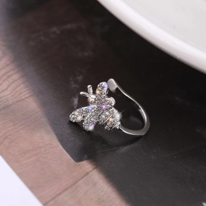 Exquisite bee ring with multicolored cubic zirconia stones on adjustable silver band