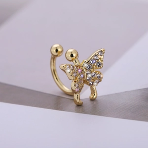 Exquisite golden butterfly ear cuff with sparkling pink and clear zircon crystals