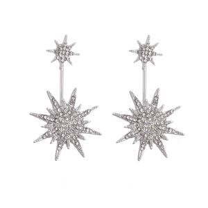 Elegant silver snowflake star earrings with pavé crystals on a clean white background