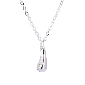Polished silver teardrop necklace set with 925 sterling silver stamp on minimalist white background