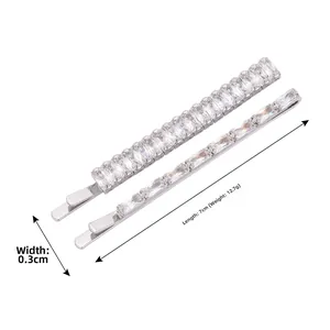 Detail view of silver hair clips with square-cut zircons showing dimensions of 7cm x 0.3cm