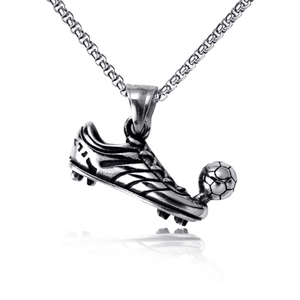 Punk style stainless steel necklace featuring detailed soccer shoe and ball pendant