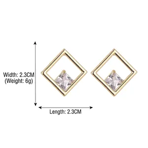 Elegant geometric square stud earrings in gold finish with sparkling cubic zirconia stone