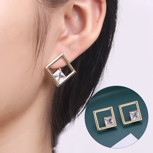Minimalist Geometric Hollow Square Stud Earrings For Women Alloy Rhinestone Ear Jewelry With Stainless Steel Earring Post