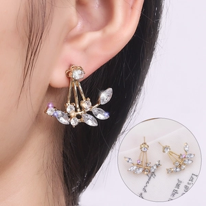 Elegant Leaf Shaped Ear Jacket Earrings Alloy Cubic Zirconia Crystal Rhinestone Stud Earrings For Women Wedding Party Jewelry