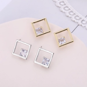 Square geometric stud earrings with cubic zirconia in gold and silver finish