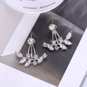Silver crystal leaf ear jackets with marquise zircons and leaf shaped branch design