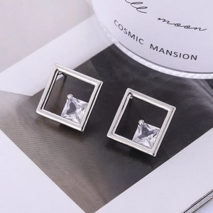 Minimalist square geometric stud earrings in silver finish with sparkling cubic zirconia