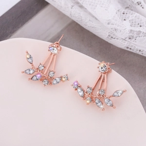 Elegant rose gold leaf ear jacket earrings featuring sparkling marquise cut crystals