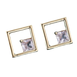 Minimalist square stud earrings with gold hollow frame and clear cubic zirconia insets
