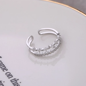 Elegant silver double-layer open ring with marquise and round zircon inlays for women