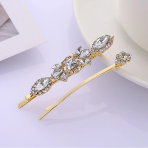 Elegant two-piece gold hair clip set with sparkling marquise and square rhinestones