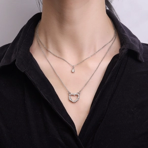 Collana con Ciondolo a Cuore a Doppio Strato in Stile Coreano Per Donna Elegante Lega d'Argento Strass Girocollo