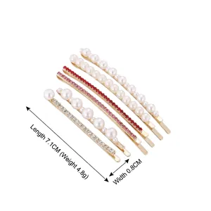 Set of 6 gold metal hair clips with faux pearls and rhinestones, length 7.1cm