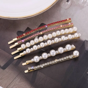 Set of 6 gold hair clips with white pearls and red pink rhinestones for women